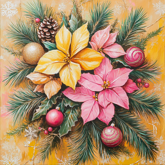 A festive arrangement is beautifully displayed on the 10" x 10" Colorful Poinsettias & Ornaments Sign (TTE-085), featuring yellow and pink poinsettias, ornaments, and pine cones set against lush pine branches. The golden background subtly showcases snowflake patterns that enhance the holiday theme.