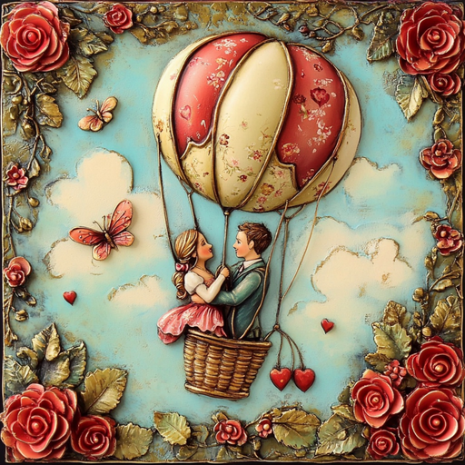 An enchanting 10" x 10" artwork titled "Couple in Hot Air Balloon Valentine's Sign (2) TTE-103," features a romantic vintage hot air balloon with floral patterns and heart-shaped weights, gracefully floating amidst roses and butterflies against a serene blue sky filled with fluffy clouds.