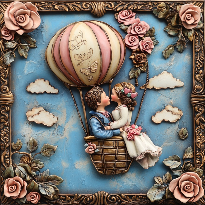 The Couple in Hot Air Balloon Valentine's Sign (TTE-102) is a 10" x 10" decorative metal artwork depicting a boy and girl in a hot air balloon surrounded by pink roses and fluffy white clouds. Its ornate frame boasts carved floral designs against a tranquil blue sky, creating an enchanting sign perfect for Valentine's Day.