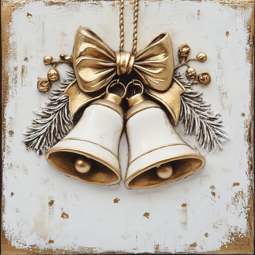 This 10" x 10" Cream & Gold Jingle Bells Sign TTE-090 features two elegant white and gold bells adorned with a large gold bow. Accented by gold berries and pine branches, it rests on a textured white background with subtle gold speckles, capturing the joyous charm of a classic jingle bells decoration.