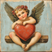 A 10" x 10" Vintage Cupid Valentine's Sign (TTE-097) features a classic depiction of Cupid, complete with wings and a garland of flowers, as he holds a large red heart while perched on a wooden beam. The backdrop emulates distressed, vintage textures similar to aged metalwork.