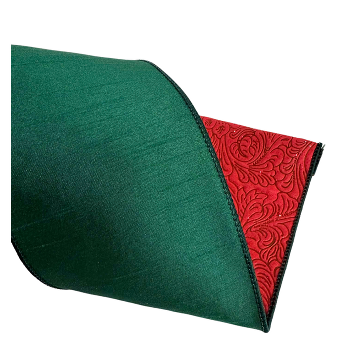 4"X10Y  Double Sided: Hunter Green Dupioni/Red Emboss D72453-04-07