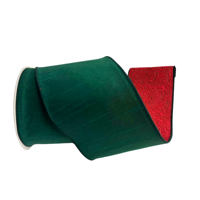 4"X10Y  Double Sided: Hunter Green Dupioni/Red Emboss D72453-04-07