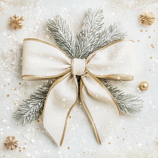 The 10" x 10" Elegant Winter Bow Sign TTE-129 features a white, cream, and gold ribbon bow nestled amidst frosted evergreen branches. The surface is elegantly adorned with snowflakes and gold decorations, capturing the essence of a festive holiday scene.