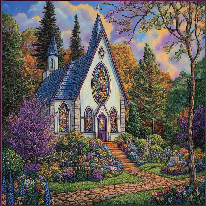 A vibrant illustration depicts a picturesque fairytale church encircled by lush flowers and trees. The building, adorned with ornate stained glass windows and a soaring spire, is beautifully complemented by the whimsical 10" x 10" Fairytale Church Sign TTE-096 set amidst the garden under a brightly painted sky.