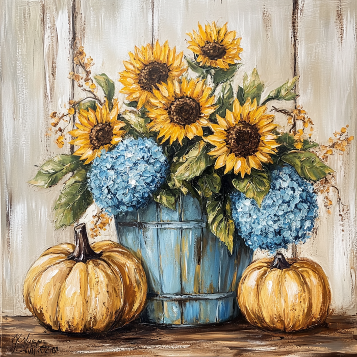 10" x 10" Fall Sunflowers, Hydrangeas & Pumpkins Sign TTE-065