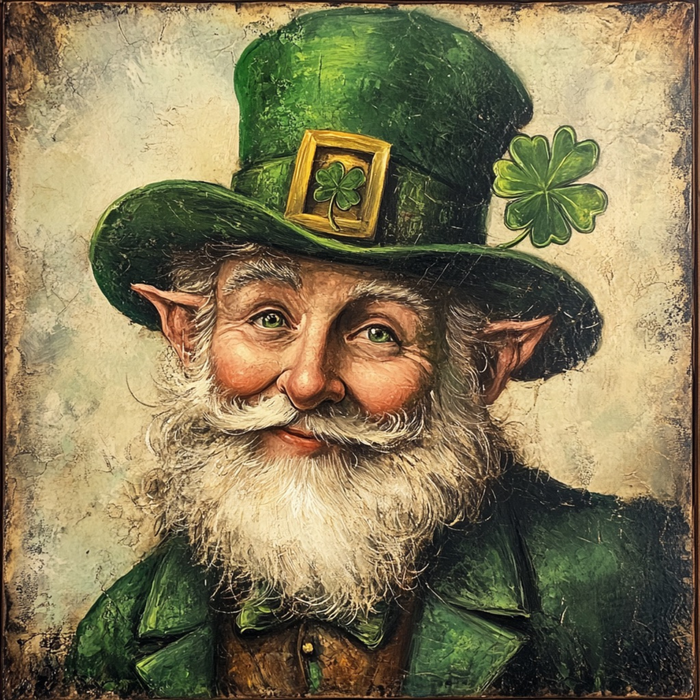 Featuring a whimsical portrayal of a fictional leprechaun with a green hat and four-leaf clover, the 10" x 10" Vintage Happy Leprechaun Sign TTE-100 displays the character's distinctive white beard, rosy cheeks, and friendly smile against a textured background. This metal sign is perfect for adding charm to any space and evokes the joy associated with TTE-100 happiness.