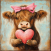 A 10" x 10" Highland Cow with Bow & Heart Sign (TTE-099) features an adorable fluffy cow sporting a pink bow and holding a heart-shaped object, all set against a textured blue background that enhances the cute expression of the cow.