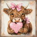 The 10" x 10" Highland Cow with Bow & Heart Sign (Border) TTE-098 features an adorable fluffy Highland cow adorned with pink bows, clutching a heart-shaped pillow. Its light brown, slightly tousled fur and charming rustic design lend a cozy vibe to this framed artwork.