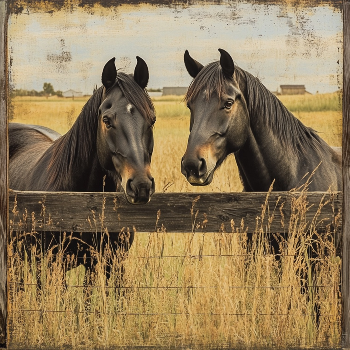 Two dark brown horses stand behind a rustic wooden fence in a golden field, next to an old 10" x 10" Horses in Pasture Sign TTE-108. The sky is overcast, and a few buildings can be seen in the background. The image has a vintage filter, giving it an aged appearance.