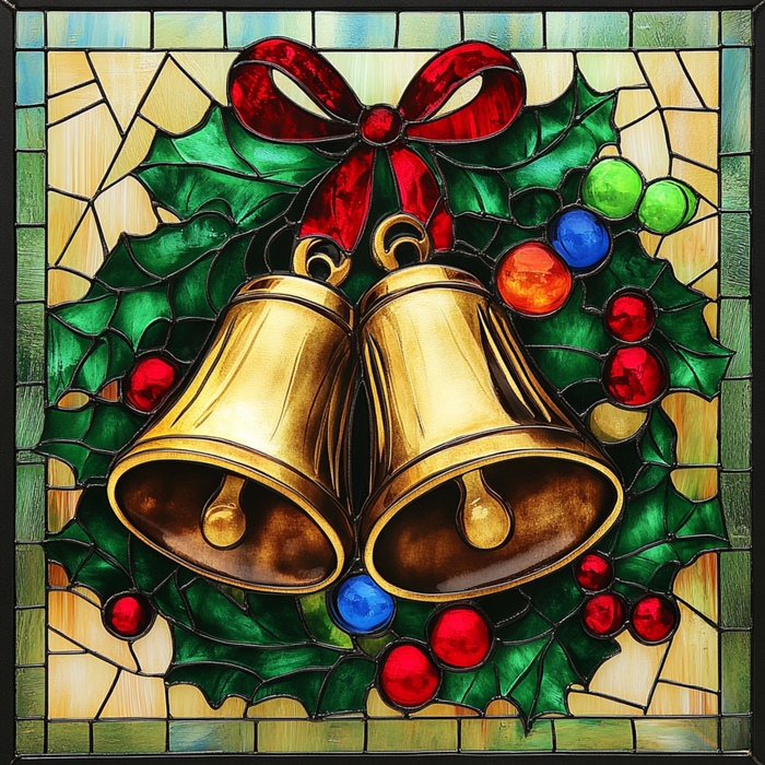 The 10" x 10" Jingle Bells Stained Glass Sign TTE-084 features two golden bells tied with a red ribbon amidst vibrant green holly and colorful berries, evoking the classic "Jingle Bells." The background enhances its depth with a mosaic of yellow and green geometric shapes.