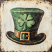 The 10" x 10" Vintage Leprechaun Hat Sign TTE-101 features a classic illustration of a green leprechaun hat adorned with a shamrock design and a gold buckle, set against a textured background reminiscent of an Irish-themed metal sign.