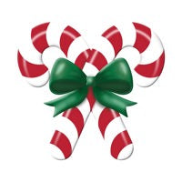 An embossed candy cane sign, featuring two crossed red and white candy canes with a green bow at the center, is described as the 13"Lx12"H Metal/Embossed Candy Cane Sign White/Emerald/Red MD136594.