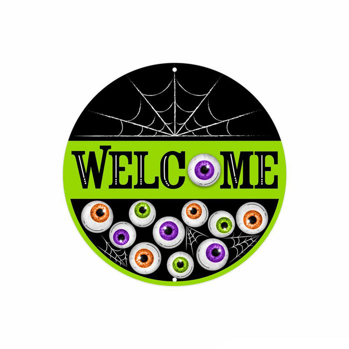 8"Dia Metal Welcome W/Eyeballs Sign Black/White/Orange MD1369