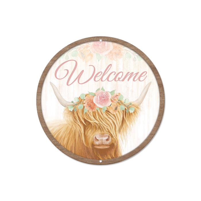 8"Dia Metal Welcome W/Cow Sign Brown/Cream/Dusty Rose MD138466