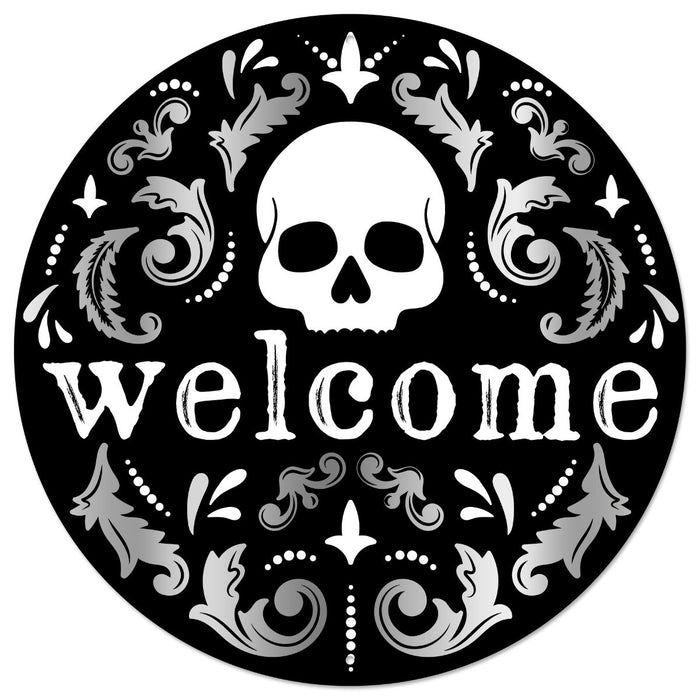 MD149547 metal welcome skull halloween sign black, white grey