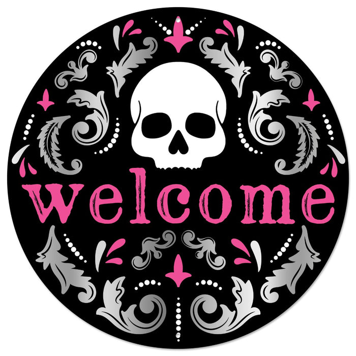 MD149548-damask-welcome-skull-sign hot pink, black, grey