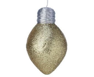 The 7" Glitter Lightbulb Ornament Gold MTX70543 is a radiant gold Christmas decoration featuring a silver top and is gracefully suspended from a string.