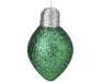 Introducing the 7" Glitter Lightbulb Ornament in Green (MTX70543), featuring a bulbous shape adorned with green glitter, a silver top, and an attached hanging string.