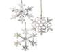 Three 9" MDF snowflake ornaments, each featuring a unique and intricate design, hang against a white background. These glittery silver ornaments, identified by the product code MTX70852, offer assorted styles to complement any decor.