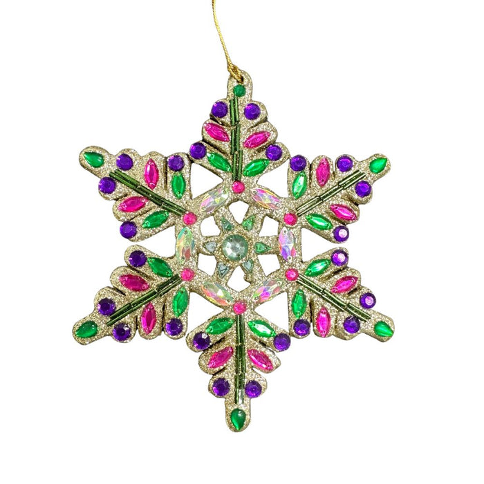 The 6.5" Glitter with Beads Snowflake Multi MTX70911 is a star-shaped Christmas ornament adorned with intricate patterns of purple, pink, green, and silver beads, framed by elegant gold edges. It shines with a glittery finish and resembles a sparkling snowflake hanging from a gold string.