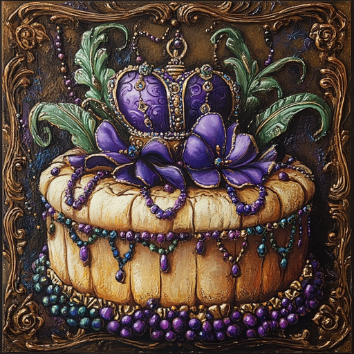 A lavishly adorned cake topped with a 10" x 10" Fancy Mardi Gras Crown, TTE-107, featuring elegant purple flowers and lush green leaves. The cake is festooned with intricately designed strings of beads and jewels that evoke the essence of a Cake & Beads sign, all contrasted against a dark, ornate backdrop.