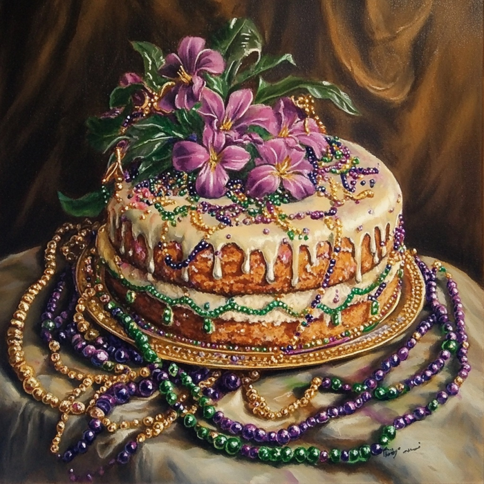 A 10" x 10" Mardi Gras King Cake & Beads Sign (TTE-106) showcases a vibrant King Cake decorated with colorful bead necklaces, crowned with pink and purple flowers and green leaves. Its layers are elegantly drizzled with white icing, perfectly encapsulating the festive Mardi Gras spirit as it rests on a bead-adorned table.