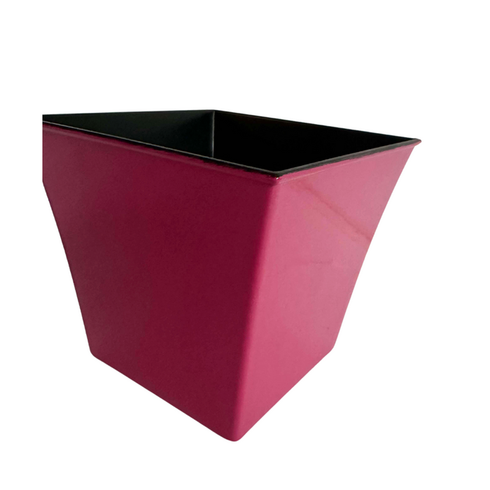 The 6" Hot Pink Square Plastic Pot P021516HP, featuring a black interior, stands out against a white background.