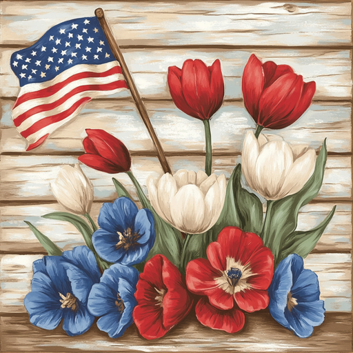 A rustic wooden backdrop showcases the 10 x 10 Patriotic Flowers & Flag Sign TTE-186, featuring a small American flag with red and white tulips and blue poppies arranged artistically.