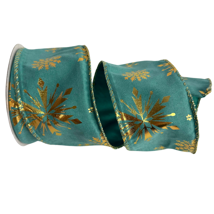 2.5" Seafoam Velvet with Golden Snowflakes Ribbon R32924