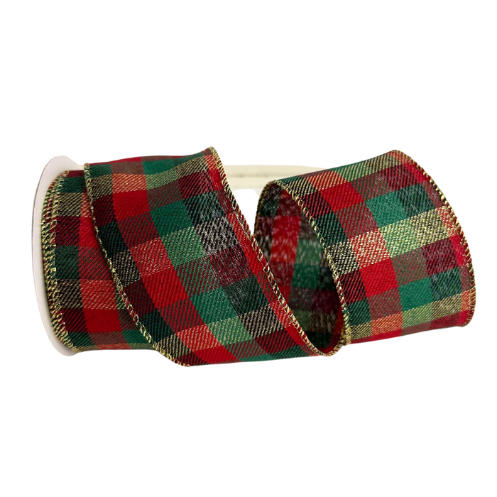 The 2.5" Red and Green Classic Checker Ribbon R32930 features a festive plaid pattern in shades of red, green, and gold. As it unfurls, the ribbon reveals its vivid colors and shimmering texture.