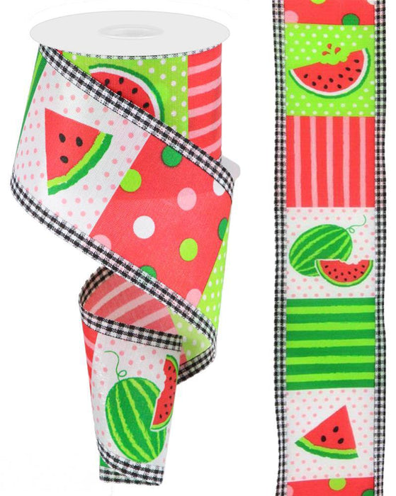 2.5"X10Yd Watermelon Block/Gingham Edge White Light Pink Green And Black RG08754WT