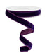 A 7/8" x 10-yard spool of Purple Deluxe Velvet With Satin Backing Ribbon (RGE765864) unrolls and hangs in a gentle spiral against a white background.