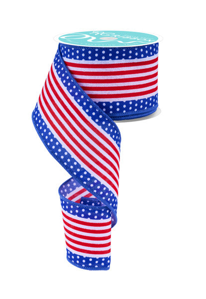 The 2.5X10YD White/Royal Blue/Red Vertical Stripe/Polka Dot Edge Ribbon RGF156725 features red and white vertical stripes with blue edges and a charming polka dot design, enhancing its patriotic theme as it unrolls.