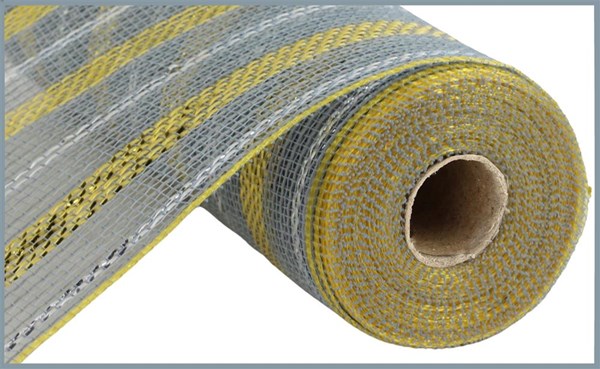 A 10.25" x 10-yard roll of Grey/Silver/Gold Poly/Faux Jute/Metallic Mesh, with its cardboard core visible, is partially unrolled on a plain background.