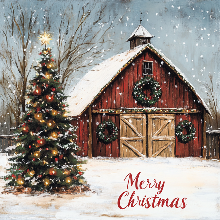 A red barn adorned with wreaths on its doors is pictured in a snowy landscape, while a Christmas tree aglow with lights sits in the foreground. Snowflakes gently fall, accompanied by a festive "Merry Christmas" message from the 10" x 10" Merry Christmas Red Barn Sign TTE-060 displayed at the bottom.