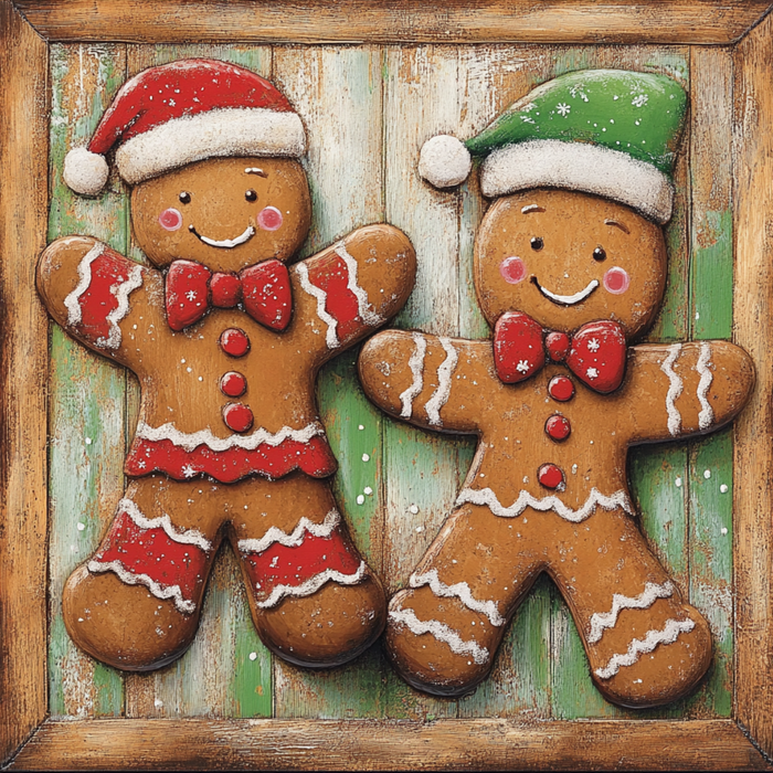 Two cheerful gingerbread cookies, featured on the 10" x 10" Rustic Gingerbread Pals Sign TTE-069, display smiling expressions with Santa hats in contrasting red and green colors. Their red bow ties harmonize beautifully with intricate white icing designs. They are set against a rustic wooden background sprinkled lightly with powdered sugar.