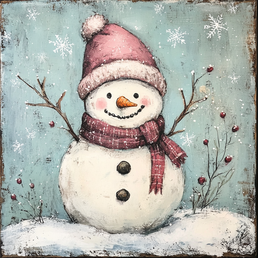 The 10" x 10" Snowman with Pink Accessories Sign TTE-088 features a rustic depiction of a snowman wearing pink accessories—a hat and scarf—as well as a carrot nose and coal eyes. With two stick arms stretched outwards against a blue background filled with falling snowflakes, red berries decorate bare branches beside the snowman, beautifully capturing the spirit in this charming metal sign.