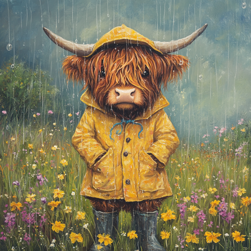 A cute Highland cow in a field of wildflowers wears a yellow raincoat and boots in the rain, its long hair slightly wet. Capture this whimsy with the 10 x 10 Spring Highland Cow in Rain Sign TTE-199, perfect for adding flair to your home decor.