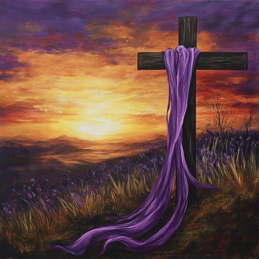 At sunset, a wooden cross with a purple cloth stands atop a hill, surrounded by vibrant orange, purple, and yellow hues. In the foreground, lively grass and small purple flowers enhance the serene scene depicted on the 10 x 10 Sunset Easter Cross Sign TTE-191.