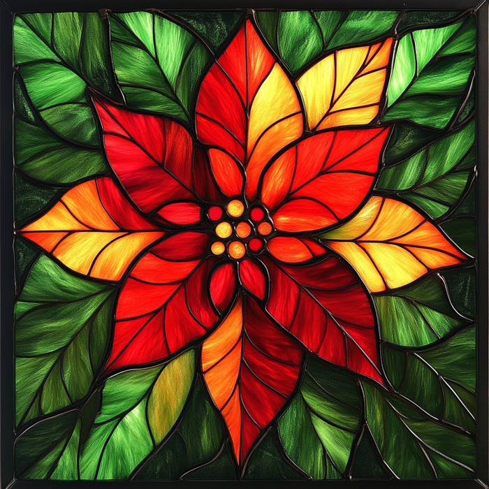 10" x 10" Traditional Christmas Poinsettia Stained Glass Sign TTE-081