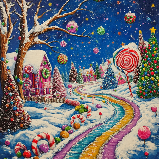 A whimsical winter scene showcases a vibrant candy-themed village with snow-covered gingerbread houses and a winding path of rainbow stripes. Oversized lollipops stand proudly, while under the deep blue sky adorned with stars and floating candy decorations, a 10" x 10" Vibrant Christmas Candyland Sign TTE-135 adds charm.