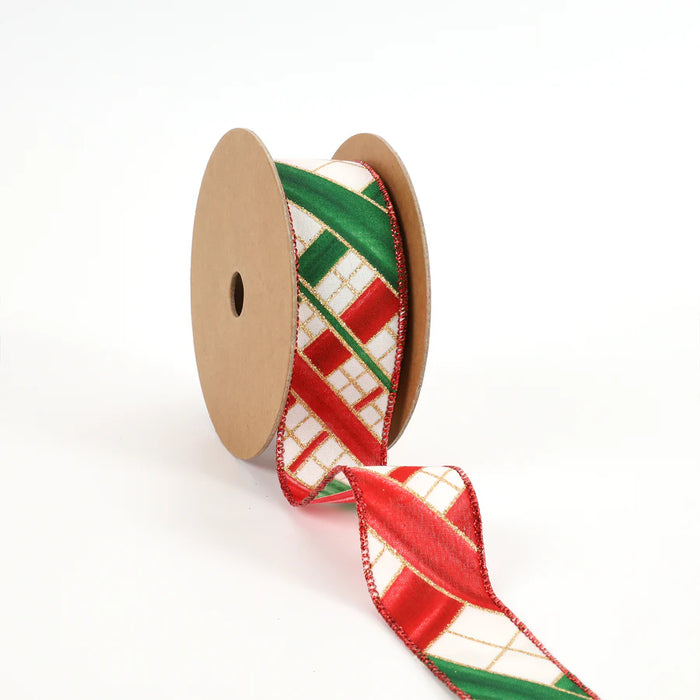 1.5" White and Multi Red Faux Argyle Wired Ribbon WR-10169-038-10