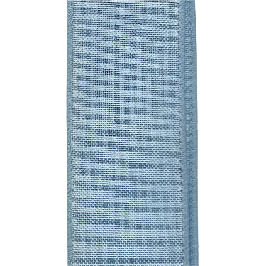 The 1.5X10Y Lt Blue Poly Linen Ribbon (X314809-05) is featured in a close-up against a light background, showcasing its textured surface and elegantly stitched edges.