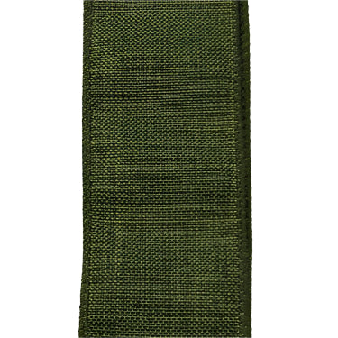 The 1.5X10Y Moss Poly Linen Ribbon X314809-08 showcases a textured, woven look in moss green with wired edges that are slightly darker for a defined border.