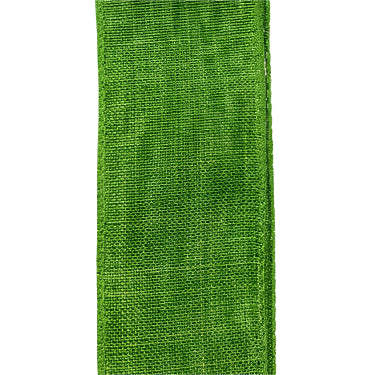 A close-up of the Lime Poly Linen Ribbon (Product X314809-09) shows its green, rectangular fabric with a textured surface and slight sheen. The 1.5x10Y ribbon has neatly stitched edges and is set against a plain white background.