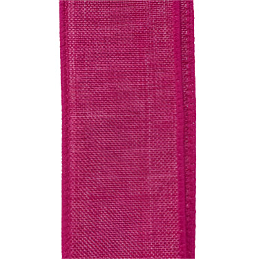 A close-up of the 1.5X10Y Fuchsia Poly Linen Ribbon X314809-28 shows its vibrant fuchsia color with wired edges and visible stitching against a white background.