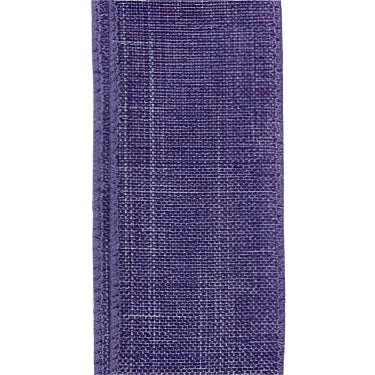 A close-up of the 1.5X10Y Lavender Poly Linen Ribbon X314809-30 features its textured surface and wired, stitched edges against a light background.