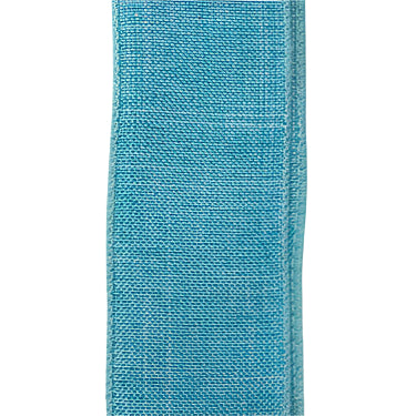 Close-up of a vertical strip of 1.5X10Y Aqua Poly Linen Ribbon X314809-45 against a white background, showcasing visible stitching and a textured, woven look similar to fine linen.