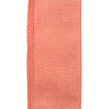 A 1.5X10Y Coral Poly Linen Ribbon X314809-46 features a textured, light pink linen look with stitched edges and a subtle coral hue on a plain white background.